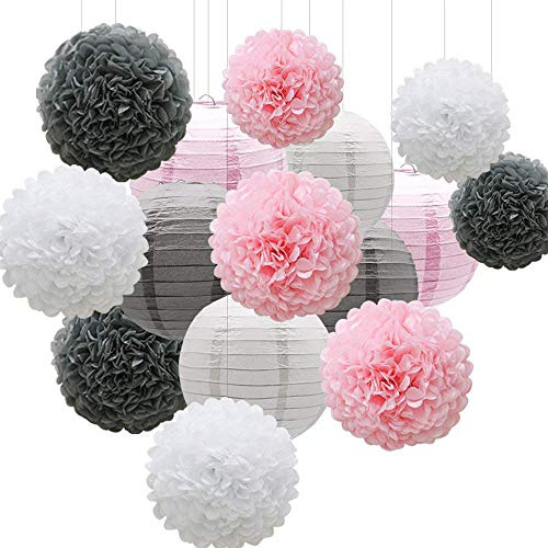 Wankd 15 Stück Set Seidenpapier Pompoms Blumen und Papierlaterne Party, Geburtstag, Weihnachten Baby Duschen und Hochzeit Dekoration Kit. Schöne hängende Papierblumen Pompons. Rosa, Grau und Weiß