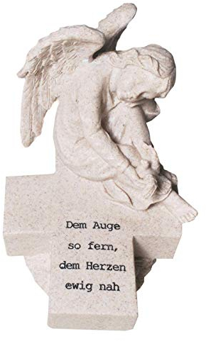 Grabschmuck Figur Engel schlafend auf Kreuz mit Inschrift Gravur. 11 cm x 15 cm.