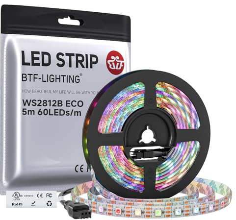 BTF-LIGHTING WS2812 ECO 5M 300 LEDs 5050 SMD Flexibler Streifen Weiß PCB | RGB Individuell adressierbar WS2812 Legierungsdraht 60Pixels/m DC5V für Heimdekoration IP65 Wasserdicht(Nur Streifen)