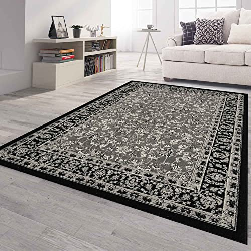 VIMODA Orient Teppich grau schwarz klassisch dicht gewebt mit Ornament und Blumenmotiven, Maße:Ø 160 cm Rund