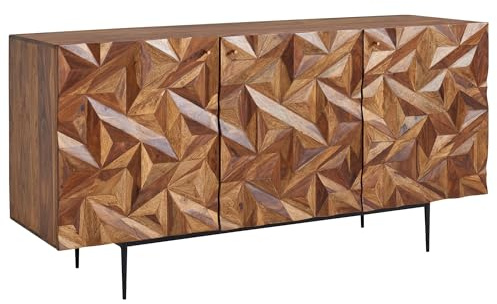 FineBuy Sideboard 144x47x72 cm Sheesham Massivholz Natur mit Türen | Kommode im Retro Stil mit schwarzen Beinen, Anrichte aus Echtholz mit viel Stauraum, handgefertigtes Unikat