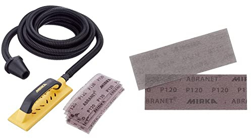 Mirka Handy Handschleifer Starter-Kit & Abranet Netz Schleifstreifen 80x230mm/Klett Schleifblätter/Korn P120/3 Stück/AE175F0312SL/zum staubfreien Schleifen von Holz, Spachtel, Lack, Kunststoff
