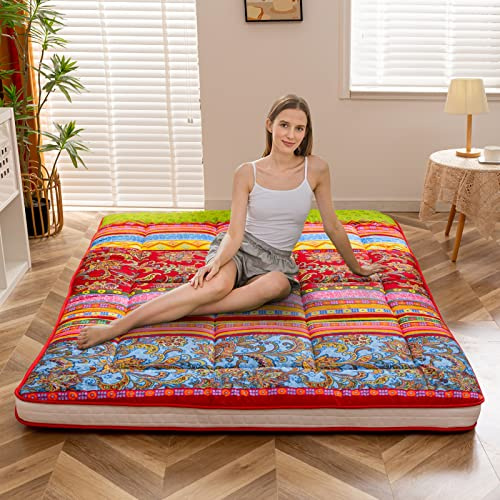 MAXYOYO Bohemisk futon/mattress i retrostil, japansk golvmatta med vintage-blommor, rullbar gästsäng, säng, bärbar campingsäng, tatami-matta (bohemisk A, 135 x 190 cm)
