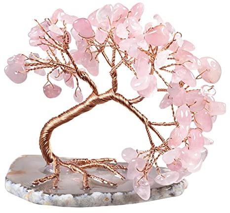 KYEYGWO Rose Quartz Crystal Money Tree FengShui Bonsai Figurines with Agate Slices Base, Crystal Tree Home Office Ornament for Good Luck and Wealth, 3-4 inches Tall