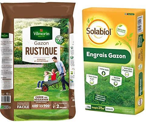 Vilmorin 4460418 Gazon Rustique, Vert, 15 kg & SOLABIOL Engrais gazon organique - Sac de 15 kg pour 375 m² de gazon - Utilisable en Agriculture Biologique