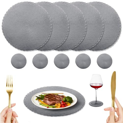 NAKIHOUSE 12er Set Tischsets Weihnachten Rund Grau Platzstes, Gewebte Tischsets Abwaschbar Platzsets mit Untersetzer, Hitzebeständig rutschfest Platzdeckchen für Hochzeit, Fest-34cm