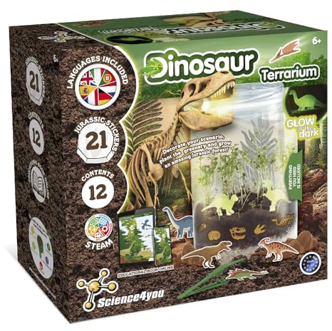 Science4you Terrariumset med dinosaurieleksaker, skapa ett stängt ekosystem, 21 st juraklistermärken, spel och presenter för barn, 6+ år