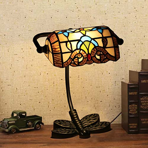 AIBOTY Traditionelle Barock Tiffany Stil Klavier Banker Schreibtisch Tischlampe 10 Hoch Mit AC Steckdose Bronze Floral Art Glasschirm Dekor Für Schlafzimmer Haus Nachttisch Home Office,Colourful
