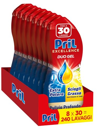 Pril Duo Gel Geschirrspülmittel Gel, Fettlösung, mit Zitrone, 8 Packungen mit je 30 Waschgänge, insgesamt 240 Waschgänge