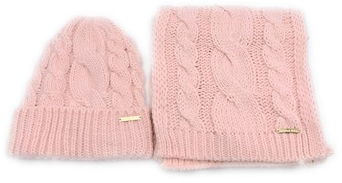 Michael Kors SET Schal&Mütze I Zopfmuster I Winterschal I Beanie I Wollschal I Wintermütze I One Size I Weiche Acrylwolle I Michael Kors Logo I Goldener Geschenkkarton (ROSÉ)