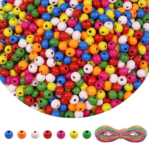TOAOB 1000 Stück Natürliche Runde Bunte Holzperlen set 6mm Runde Holzperle | mit Loch Runde Holzperlen, Natur Holzkugeln, zum Basteln DIY Schmuck, Armband Halskette, Leicht und Stark