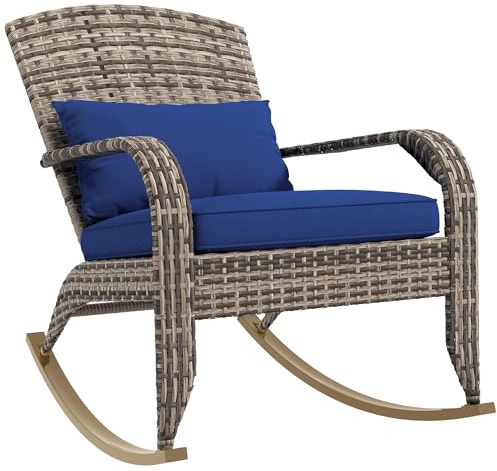 Outsunny Outdoor Wicker Adirondack Rocking Chair, Patio Rattan Rocker Chair with High Back, Seat Cushion, and Pillow for Garden, Porch, Balcony, Dark Blue