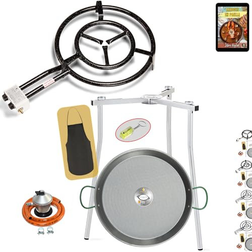 COMBOI Poêle à paella pour gaz butane, 50 cm, poêle à paella 60 cm, régulateur de gaz, tuyau, pieds trépied, niveau à bulle, tablier, livre de recettes numérique (KIT 500 + pieds de trépied)