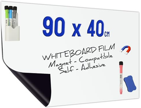 Minadax Film pour tableau blanc, 90 x 40 cm, magnétique, découpable, avec stylos, support et raclette