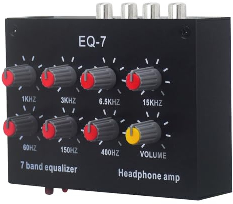 7 Band Car Audio Equalizer, Dual Channel Digital Equalizer, DC5V-12V Output Input 12dB High Bass, 3.5mm Interface, for Recording, Streaming, Podcasting