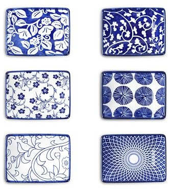 Selamica Ceramic Soy Sauce Dish, Rectangulal Side Dishes, 3.75 Inch Dipping Bowls for Sauce Ketchup Sushi Condiment Seasoning, Set of 6, Vintage Blue