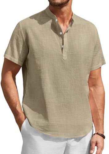 Enlision Camicia Marrone Lino Uomo Estive Camicie Uomo Coreana Manica Corta Maglietta Uomo Elegante Ampia vestibilità Serafino Tshirt Taglie Forti 4XL