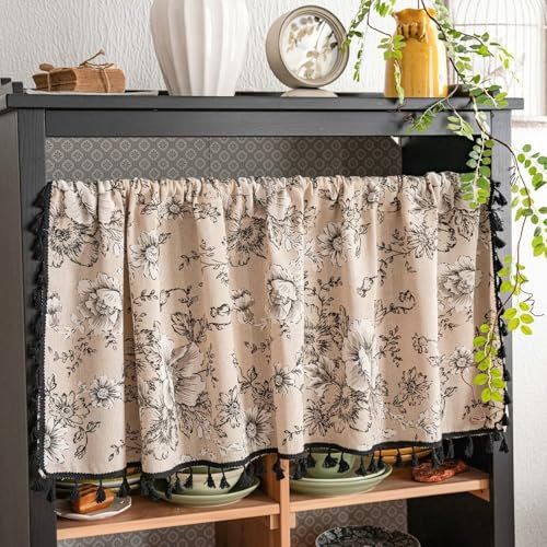 ANAZOZ Scheibengardinen Kurz Landhaus 45 cm, Vorhang Wohnzimmer Blickdicht Vintage-Blumenmuster mit Quaste, Küchengardinen Fenster Stangendurchzug 150x45cm