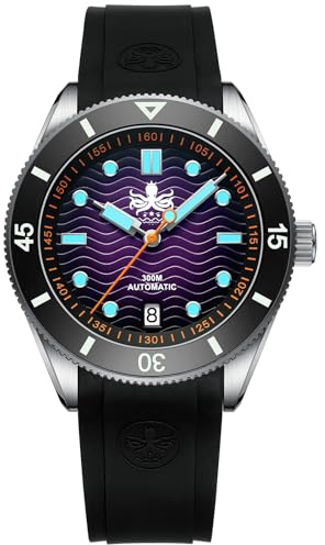 PHOIBOS orologio subacqueo da uomo automatico 300m con quadrante a onde e cinturino in caucciù Wave Master PY010R (Viola)
