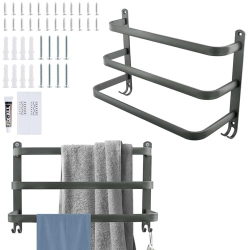 HEIYUET 2 Stück 40cm Handtuchhalter Wand Ohne Bohren, 3 Stangen Handtuchstange aus Aluminium, Wandmontage Handtuchhalter mit Haken, Badetuchhalter Grau für Badezimmer Küche