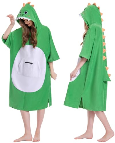 OLAOLA Changing Robe Towel Poncho, Adult Surf Poncho Towel with Hood and Pocket, Oversized Soft Absorbent Quick Dry Swim Beach Towel for Women Men, Dinosaur
