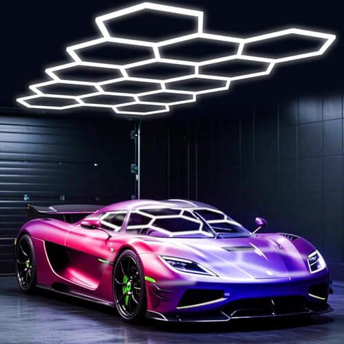 Mimiear Hexagon LED Garage Lights, Honeycomb Ceiling Light, 456W, 6500K Super Bright, 4.1 X2.4m 14 Grid Systems Car Detailing Lights for Garage Warehouse Workshop Basement Gym Shopping malls (14 HEX)