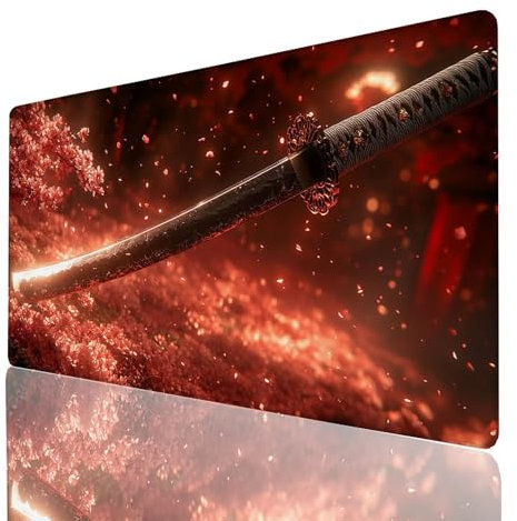 Alfombrilla Ratón Rojo, Alfombrilla Gaming Katana, Impermeable Tapete Escritorio 1400x600x3mm Compatible con Raton Inalambrico y Teclado Inalambrico, Mousepad para Portatil Regalo Hombre GYL-4990