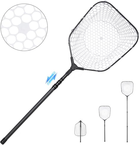 Foldable Long Fishing Landing Net, Carbon Fiber Fishing Net with Telescoping Handle & Rubber Netting, Hoop: 15.7 x 13.4, Length: 40.6 - 71.6, Depth: 10