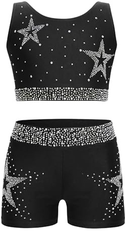 Xnihocha gymnastikdräkt flicka tvådelad glänsande danskläder barn ärmlös linne topp och korta shorts festival disco outfit, svart, 122-128
