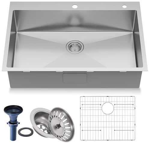 Frogink 33 inch Topmount Handmade 18 Gauge Single Bowl Stainless Steel Kitchen Sink with Accessories