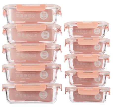S SALIENT Glas-Frischhaltedosen Set Brotdosen meal prep boxen mitgebrachtes Essen Glasbehälter mit deckel,Aufbewahrungsbox Spülmaschinenfest, Mikrowellen & Gefrierschrankgeeignet(5x1050ml+5x370ml)