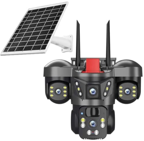 4K Solar Security Camera, 3 Lens 360° PTZ WiFi or APN Connection, Night-Vision Dual PIR Motion Detection, 2-Way Audio, Works with V380 PRO App(Cloud) for Yard, Mall, Office, Industrial Park IP66