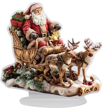 Biniveil Decoración acrílica de mesa, trineo plano de Papá Noel, decoración de Navidad, figura de soporte con base de soporte, adorno de vacaciones de invierno para mesa, dormitorio, sala de estar