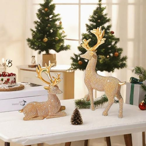 BZHIB 2 Pcs Christmas Reindeer Figurine Set, Standing & Sitting Resin Deer Sculptures for Christmas Table Centerpieces, Holiday Home Decor (Gold)