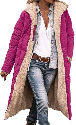 Long Black Coat Women Long Winter Coats for Women Uk Waterproof Fleece Faux Fur Lined Quilted Ladies Parka Puffer Jackets Hood Warm Plus Size Hooded Trench Coat Clothes Hot Pink M