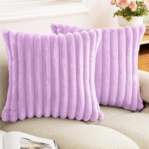 PEIHUODAN 2 Stück Plüsch Kissenbezüge Aus Kunstfell, Einfarbige Dekorative Kissenbezüge, Gestreiftes Plüschdesign, Moderne Cushion Cover (ohne Kissenkern) (Lila,50×50cm/20×20inch)