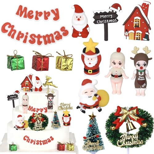 SYKYCTCY 14 Pack Merry Christmas Cake Toppers Merry Christmas Cake Decoration Resin Little Figurine Cane Snowman Deer Christmas Tree Cake Picks for Santa Theme Holiday Party Decorations Supplies