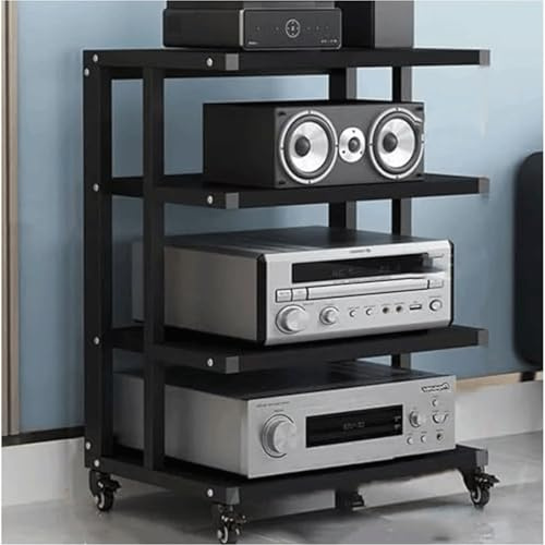 Estante de audio Estante estéreo abierto Estante for equipos de audio Estantería móvil for audio estéreo de madera con ruedas Estante HiFi Estantería for audio y video Estante HiFi(Nero,4 Tier)