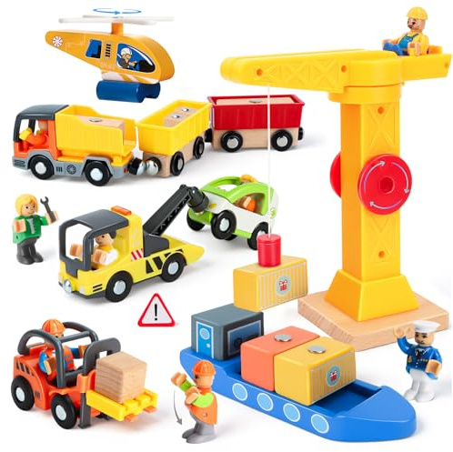BuntWunder Gruas de Juguete, Juego de Juguetes para Vehículos de Construcción, Juguete Educativo de Madera Niños con Camión Magnético de Construcción con Grúa, Regalo Construcciones Niños 3 4 5 Años