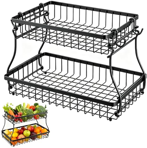 Frutero 2 Pisos Negro Cesta, Cesta de Frutas de 2 Pisos para Cocina, Cesta de Fruta Extraíble, con 2 Perchas de Plátano, Adecuado para Almacenar Fruta, Verdura, Pan, etc