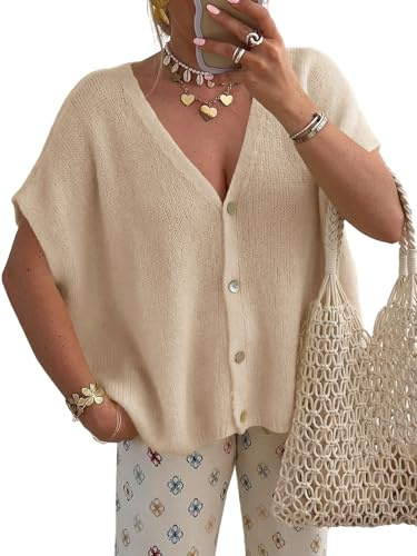 Saodimallsu - Cardigan da donna a manica corta, con scollo a V, oversize, con maniche a pipistrello, gilet estivo, tinta unita, leggero, con abbottonatura, top in maglia, cachi, XL