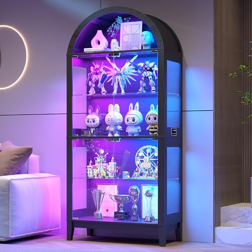 Lvifur RGB-vitrinskåp i glas och glasdörrar för sovrum samlarobjekt, 33 x 75 x 175 cm, 5-lagers vitrinskåp med intelligent sensor för vardagsrum, svart