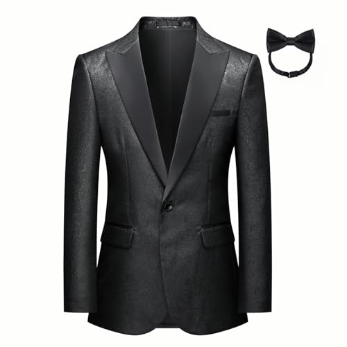 Mens Sequin Tuxedo Jacket for Prom Party 2026 Stunning Blazer Peaked Lapel Tuxedo with Bow Tie Black