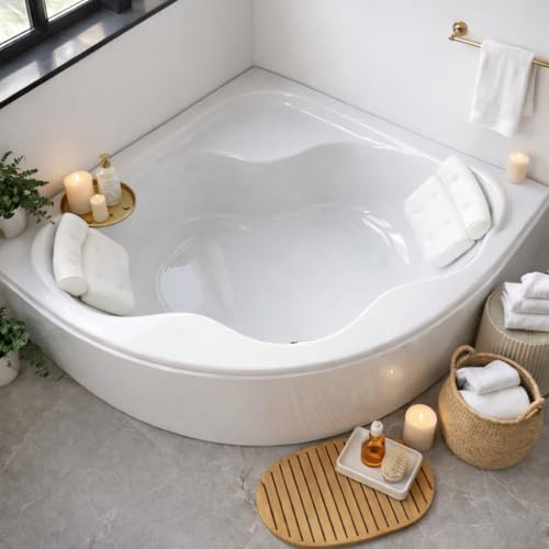 ECOLAM Baignoire d'angle SELMA 150x150cm + tablier | 2 coussins Sole | pieds siphon | set complet