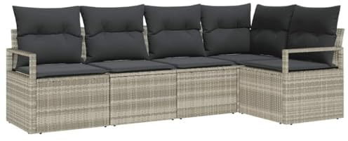 Qnhdfrt Poly-Rattan Garten-Sofa-Set 5-teilig, Modulares Lounge-Set für Terrasse und Garten, Sitzgruppe mit Kissen, Hellgrau, Outdoor-Möbel