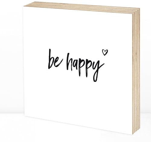 Wunderpixel® Holzbild be happy - 15x15x2cm zum Hinstellen/Aufhängen, echter Fotodruck mit Spruch auf Holz - schwarz-weißes Wand-Bild Aufsteller zur Dekoration oder Geschenk-Idee - sei glücklich!