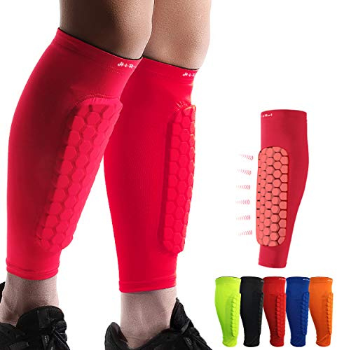 HiRui Soccer Shin Guards Shin Pads for Kids Youth Adult, Calf Compression Sleeve with Honeycomb Pads, Support for Shin Splint Baseball Boxing Kickboxing MTB, Lightweight(1PAIR)(Red, M)