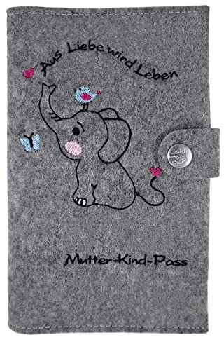 Goldi-Design mutterkindpasshülle österreich Elefant mit extra Fächern und Lasche mit Druckknopf aus 100% Wollfilz - grau