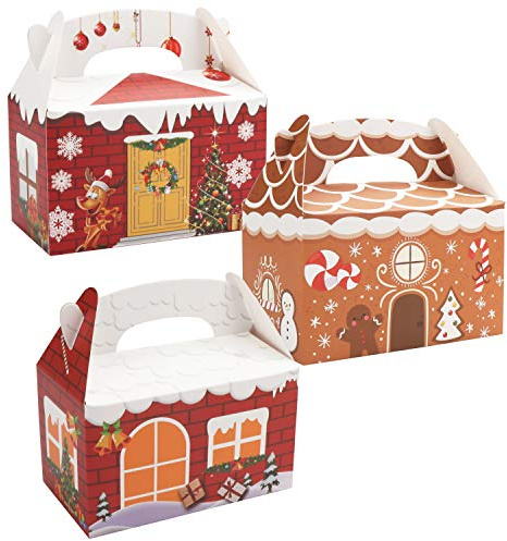 BELLE VOUS Presentaskar (24-pack) – 15 x 9 x 9 cm – jul hus kartong med handtag i 3 mönster, 8 st vardera – självmontering gåvoask för kakor, godis, tryfflar och fläckar
