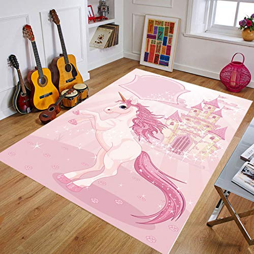 Rosa Einhorn Schloss Mädchen Prinzessin Zimmer Nachtteppich, Kurzflorige Polyester Rutschfeste Rückseite, Cartoon Kinder Teppich 140cmx200cm